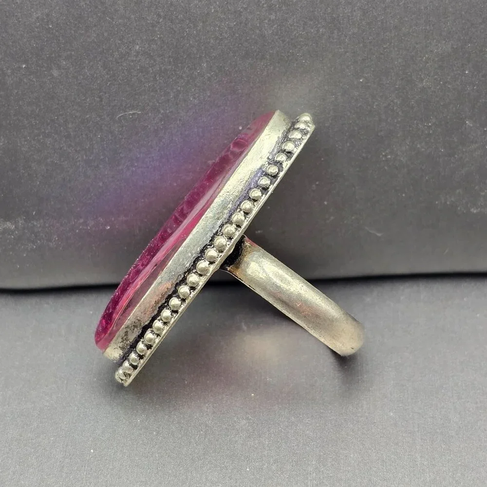 Triplet Opal Statement Ring VTG Pink Iridescent Glass Cabochon Size 8 Silver Plt - Picture 2 of 12